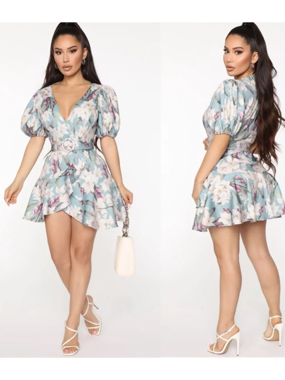 Fashion Nova Cottagecore Floral Puff Sleeve Wrap Mini Dress Belted Sz S